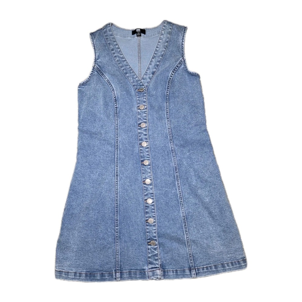Frye Denim Button Front Dress Sleeveless V-Neck A-Line Blue XS‎